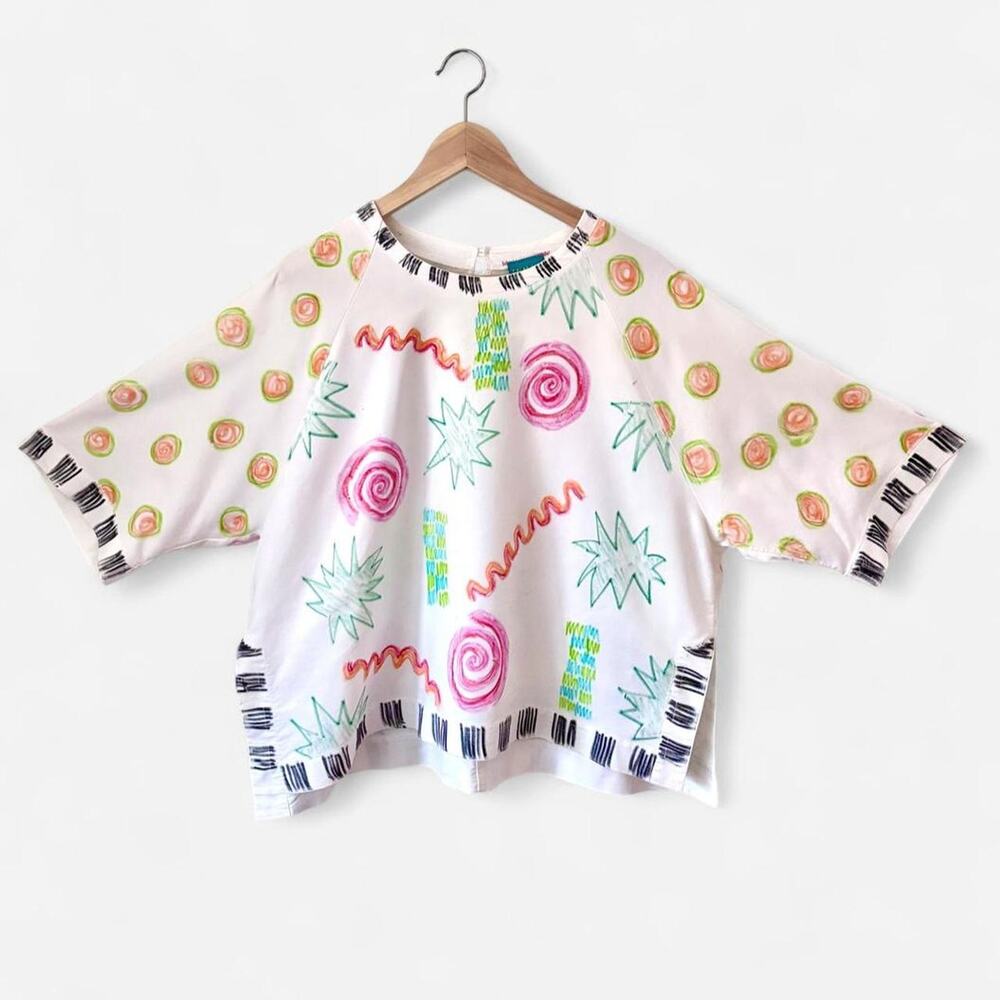 $228 Upcycled Handmade Cotton OOAK Abstract Artsy Painterly Boxy Top Size M/L